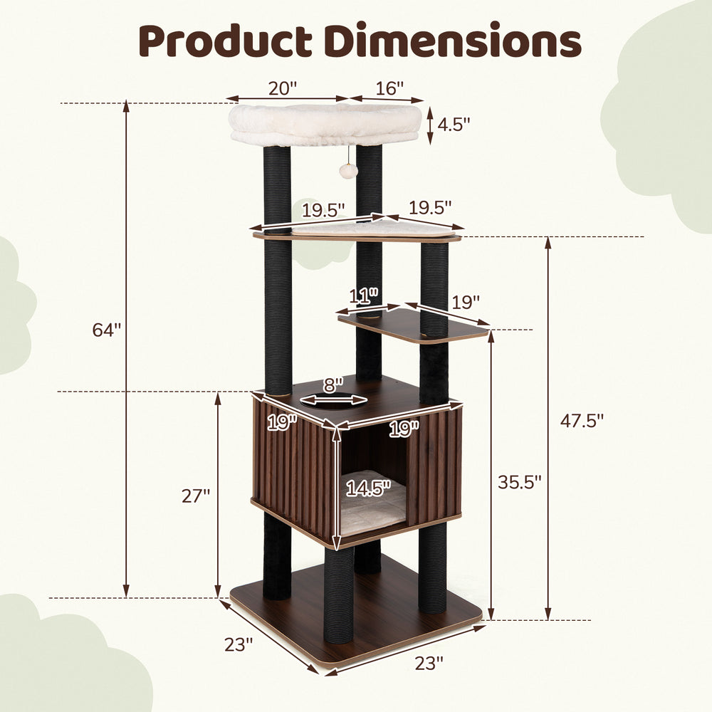 Wooden cat tower dimensions with six levels, brown finish, and soft padded top perch for climbing and lounging.