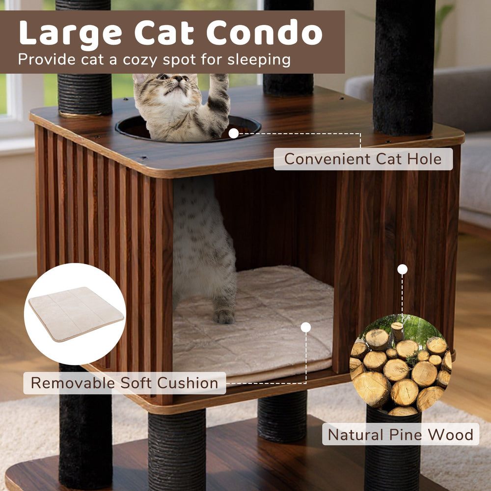 Wooden cat tower with spacious condo, soft removable cushion, and sturdy scratching posts for climbing and lounging.