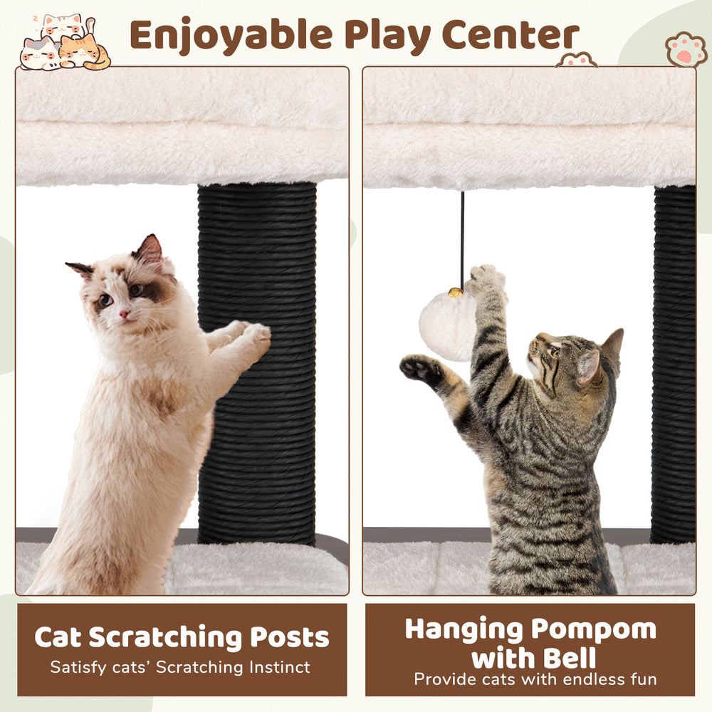 Wooden cat tower with soft padding, featuring a spacious top perch and sturdy scratching posts for climbing and.
