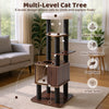 Multi-level wooden cat tower with soft padding, spacious condo, and sturdy scratching posts for climbing and lounging.