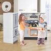 Wooden chef play kitchen with refrigerator, realistic range hood, and interactive features for kids aged 3 and up.