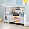 Wooden chef play kitchen with refrigerator, realistic range hood, and interactive features for imaginative play.