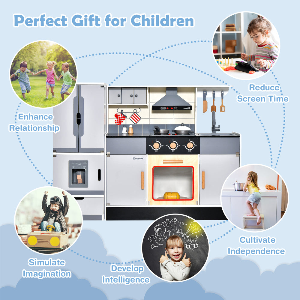 Wooden chef play kitchen with realistic range hood, stove, and accessories for imaginative play and developing.