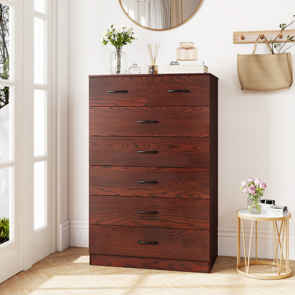 Wooden chest of drawers featuring a spacious top surface, robust frame, and sleek metal handles for elegant.