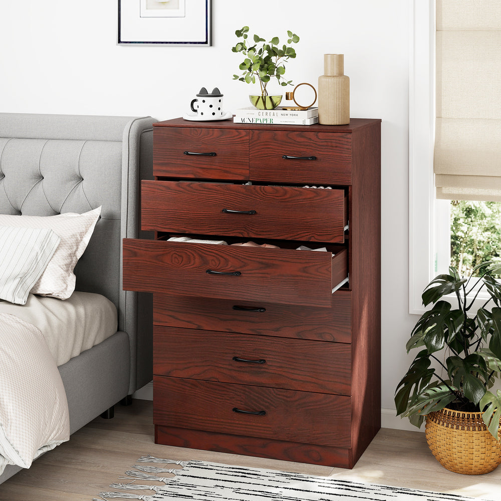Wooden chest of drawers with seven spacious drawers, metal handles, and a charming wood grain finish for bedroom.