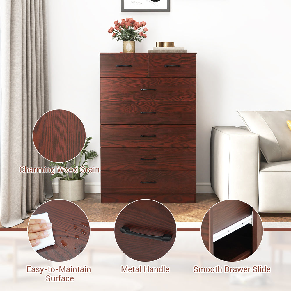 Wooden chest of drawers with 7 storage compartments, charming wood grain finish, and metal handles for easy access.
