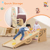 Wooden climbing toy triangle climber set showing the adjustable stool with back, designed for safety and active play.