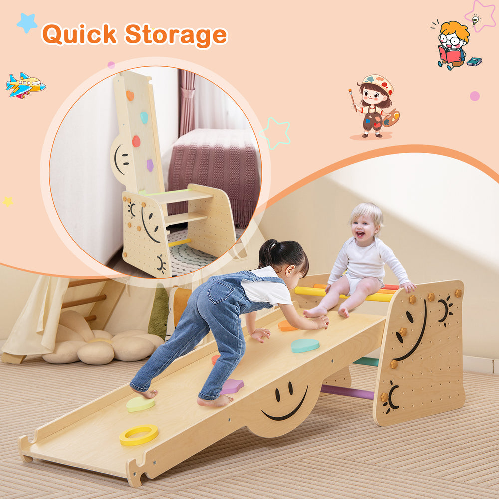 Wooden climbing toy triangle climber set showing the adjustable stool with back, designed for safety and active play.