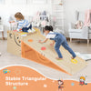 Wooden climbing toy triangle climber set with multicolor rocks, featuring a stable triangular structure for kids' fun.