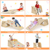 Wooden climbing toy triangle climber set featuring a colorful seesaw and adjustable height for kids' fun and safety.