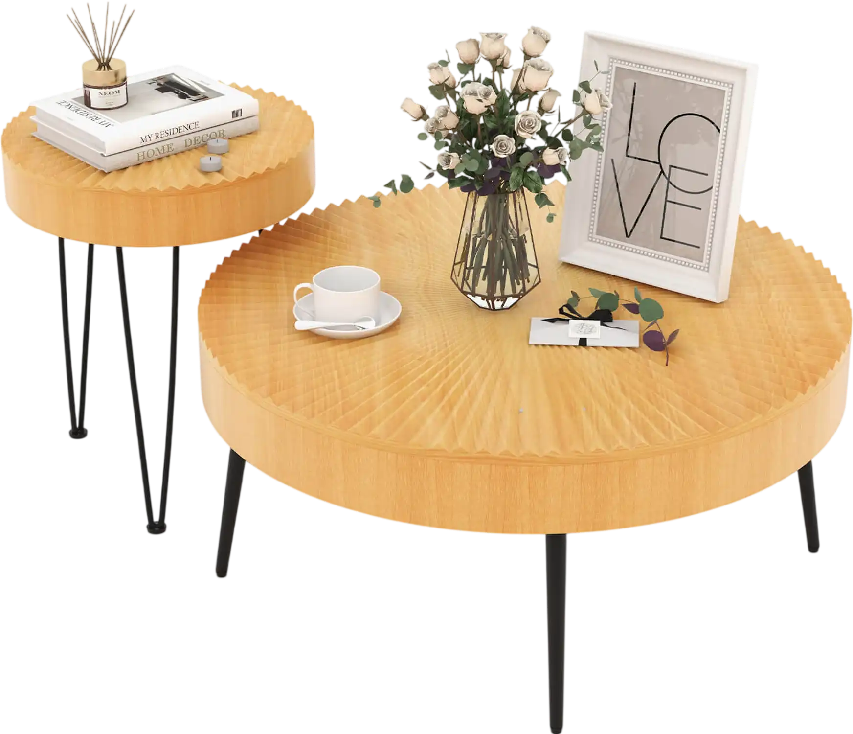 Costway Set of 2 Boho Round Coffee Tables Pine Wood Top Metal Legs 82517946 New