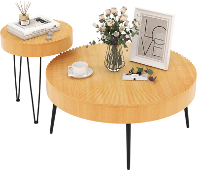 Costway Set of 2 Boho Round Coffee Tables Pine Wood Top Metal Legs 82517946 New