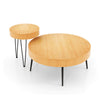 Two wooden coffee tables with radial pattern, featuring sturdy metal legs and adjustable foot pads for versatile use.