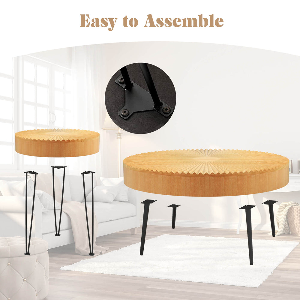 Wooden coffee tables with metal legs, featuring a radial pattern and adjustable foot pads, ideal for versatile decor.