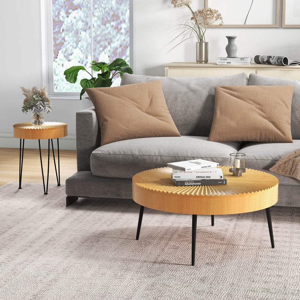 Round wooden coffee table set with metal legs, featuring a radial pattern, ideal for living room décor and.