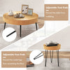 Wooden coffee table set with metal legs, radial pattern, and adjustable foot pads for stability and floor protection.