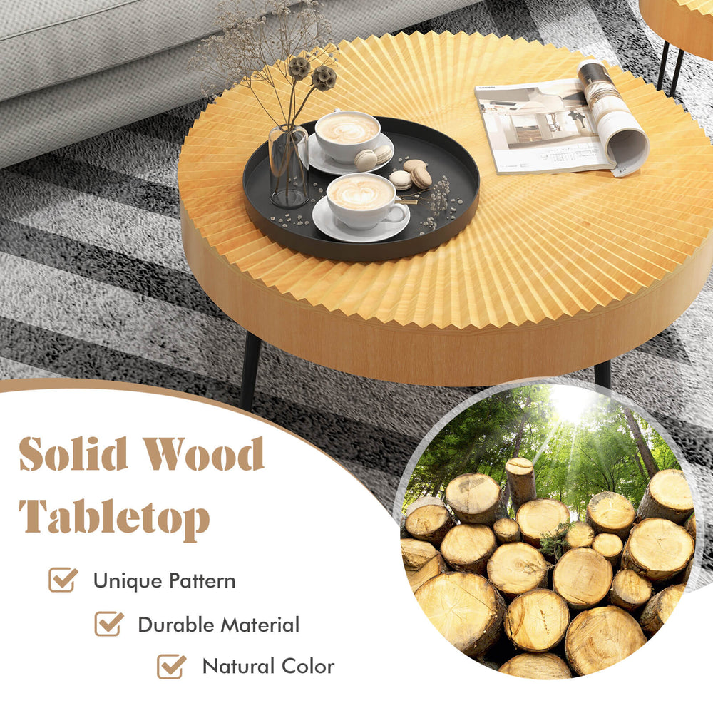 Wooden coffee table set with radial pattern, solid wood top, and metal legs, perfect for versatile home decor.
