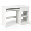White wooden computer desk featuring a pull-out keyboard tray, adjustable shelves, and a built-in cable hole for.