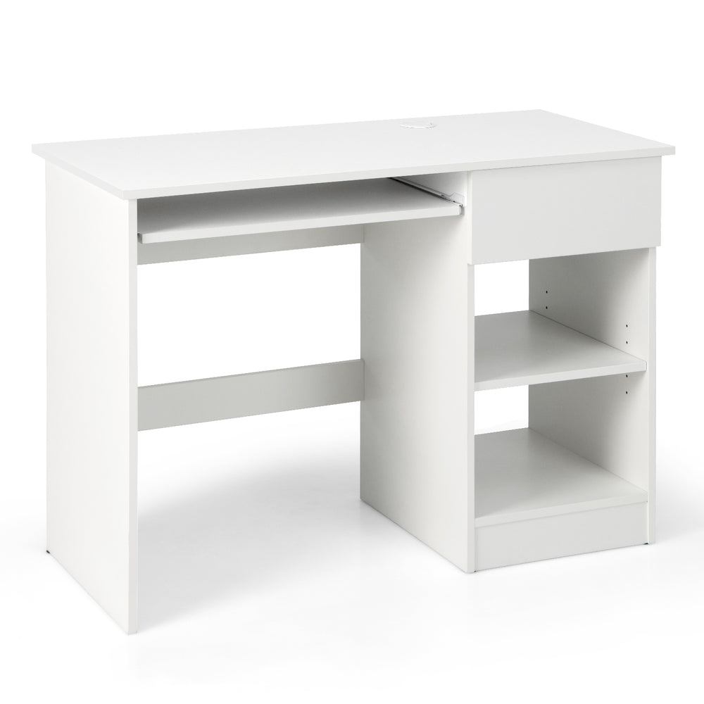 White wooden computer desk featuring a pull-out keyboard tray, adjustable shelves, and a built-in cable hole for.