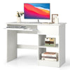 Wooden computer desk in white with adjustable upper shelf, keyboard tray, and open storage for efficient workspace.