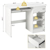 Wooden computer desk in white with adjustable shelves, pull-out drawer, and cable management for organized workspace.