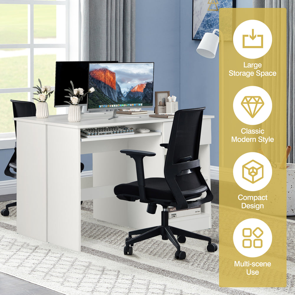 Wooden computer desk in white with adjustable shelves, keyboard tray, and pull-out drawer for organized workspace.