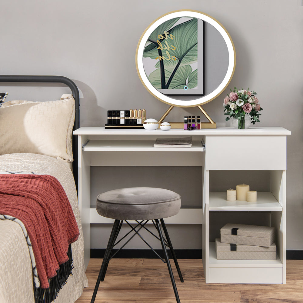 Wooden computer desk in white with adjustable shelves, pull-out drawer, and keyboard tray for convenient use.