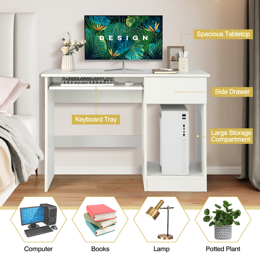 Wooden computer desk in white featuring a spacious tabletop, keyboard tray, side drawer, and adjustable shelves for.