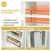 Wooden computer desk in white featuring adjustable upper shelf, pull-out drawer, and two open compartments for storage.