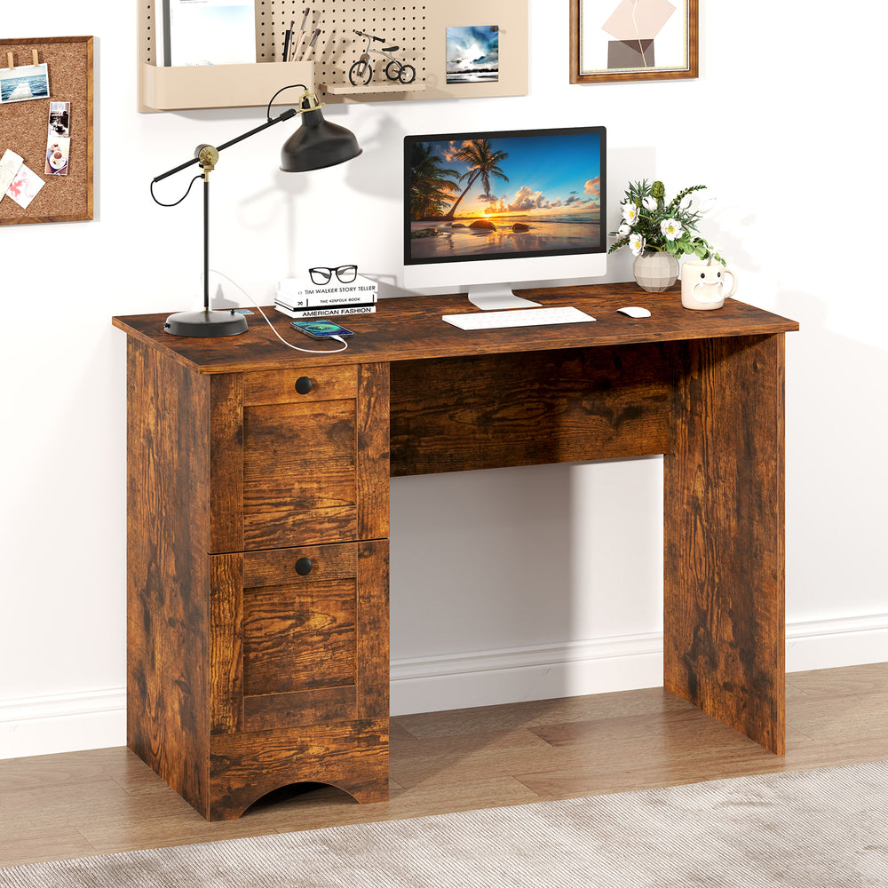 Wooden computer desk workstation in rustic brown with large tabletop and three drawers, ideal for home or office use.