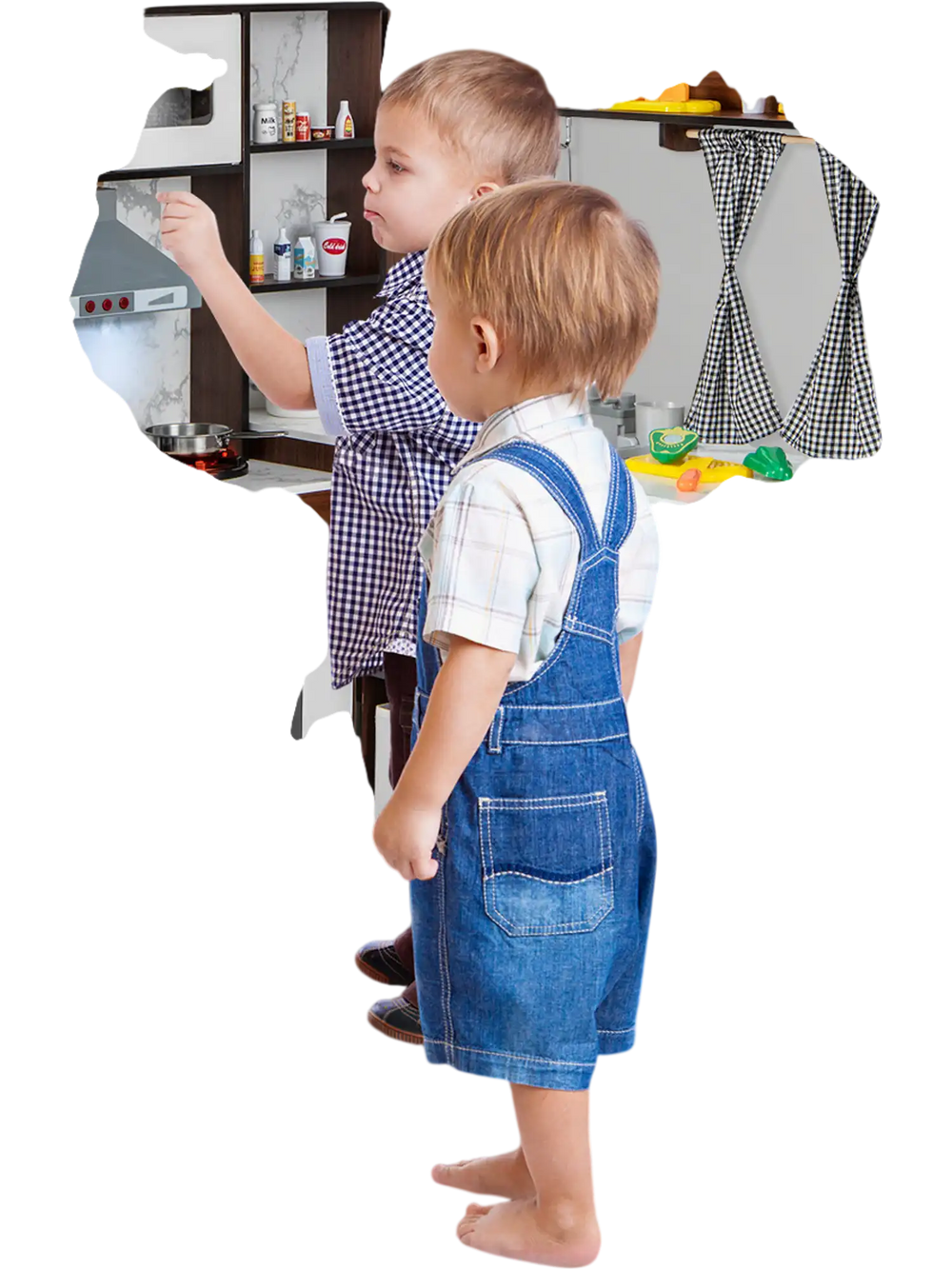 Wooden corner play kitchen in brown with lights, sounds, and water circulation for interactive play and creativity.