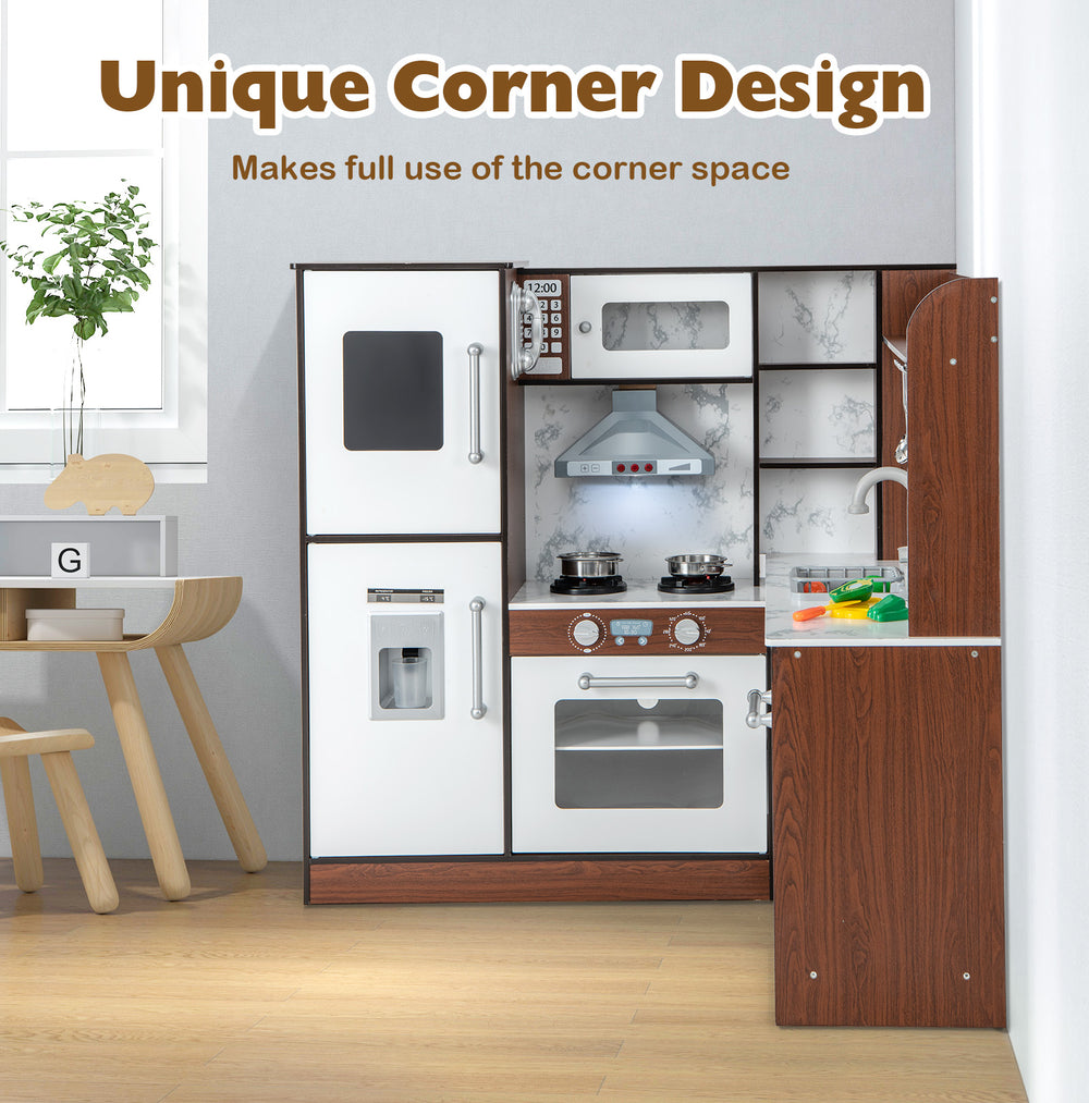 Wooden corner play kitchen in brown with lights, water circulation, and realistic accessories for kids' imaginative.