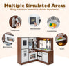 Wooden corner play kitchen in brown with lights, water circulation, and realistic accessories for immersive play.