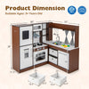 Wooden corner play kitchen with a spacious countertop and foldable fabric bins for organized play and creativity.
