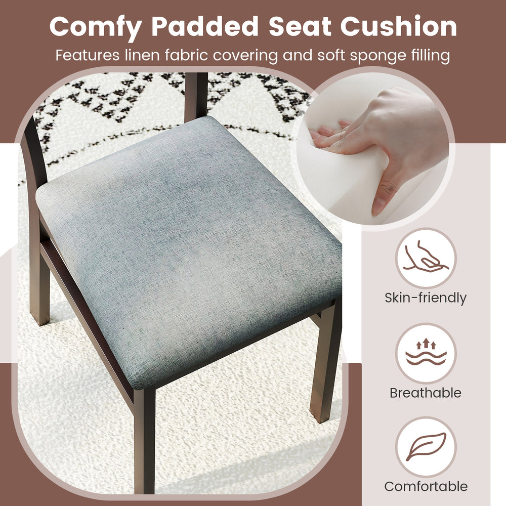 Padded seat cushion of a wooden dining chair, featuring skin-friendly linen fabric for comfort and breathability.