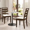Walnut wooden dining chairs with white padded seats, featuring a retro design, perfect for dining rooms or cafes.