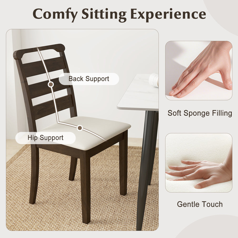 Wooden dining chair with walnut finish, featuring back and hip support, padded seat for comfort in dining settings.