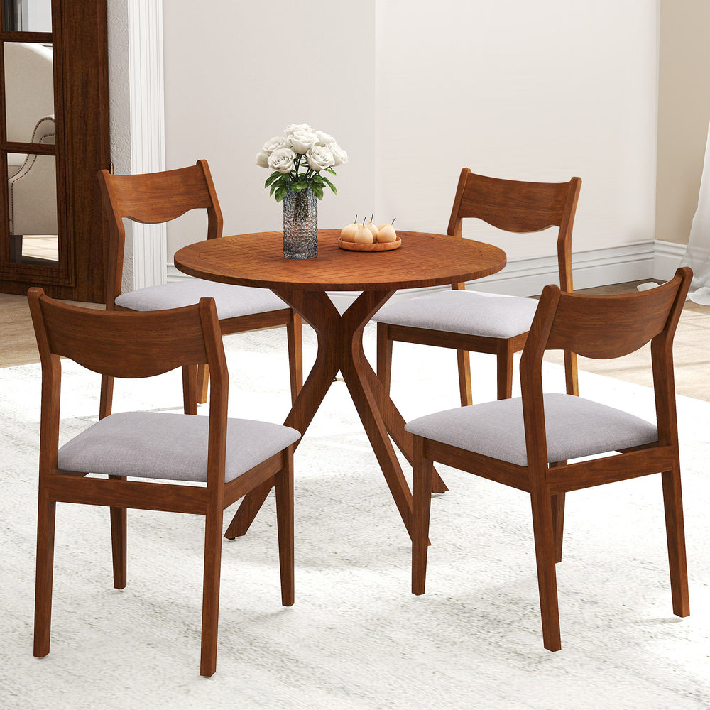 Wooden dining chair set featuring a walnut rubber wood frame and wide padded seat, perfect for dining rooms or cafes.