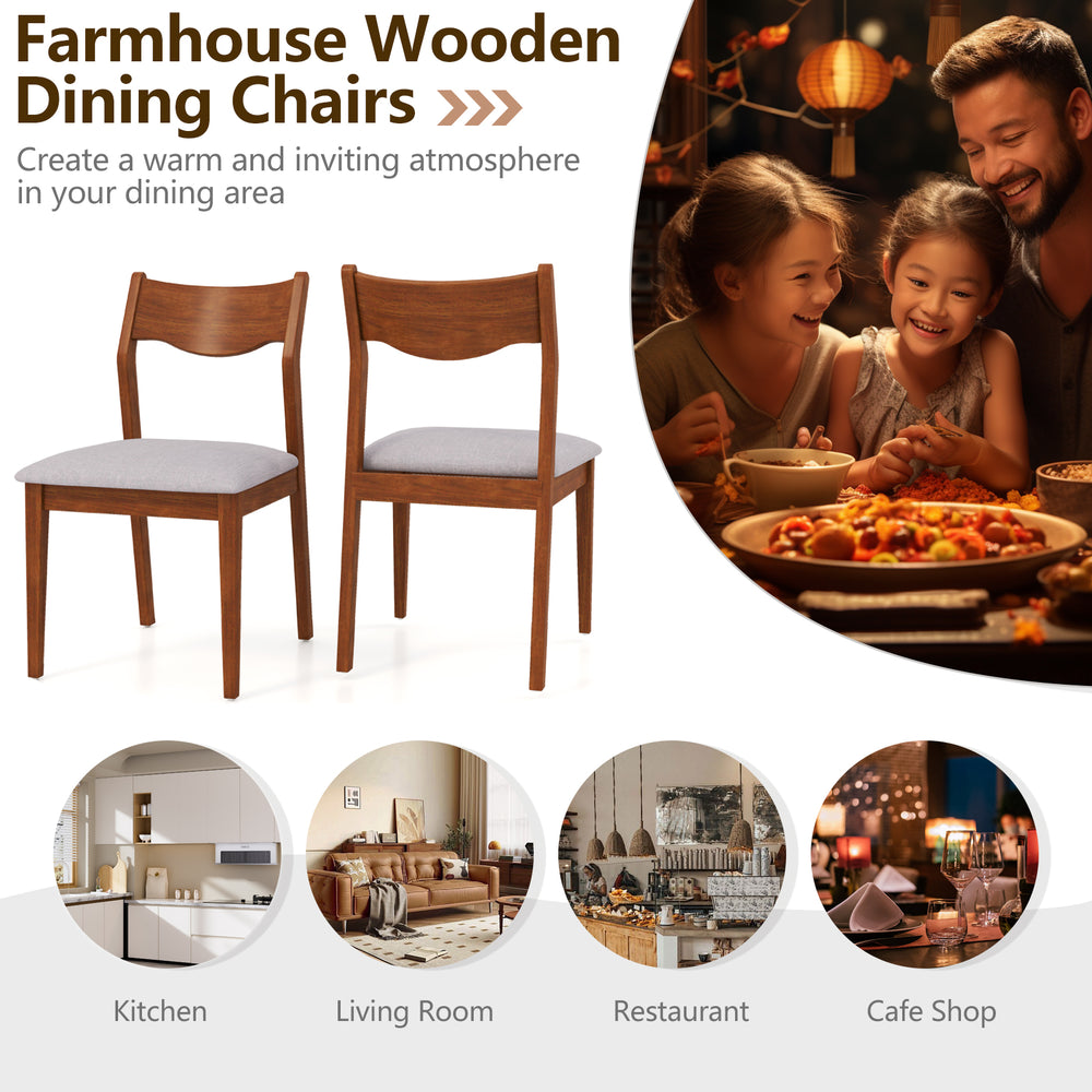 Set of 2 wooden dining chairs with walnut finish, padded seats, and curved backrests for comfortable dining experiences.