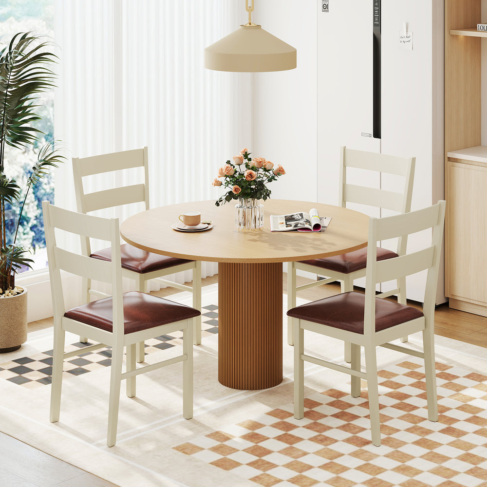 White wooden dining chair set of 2 with PU leather upholstery, perfect for home or restaurant use.