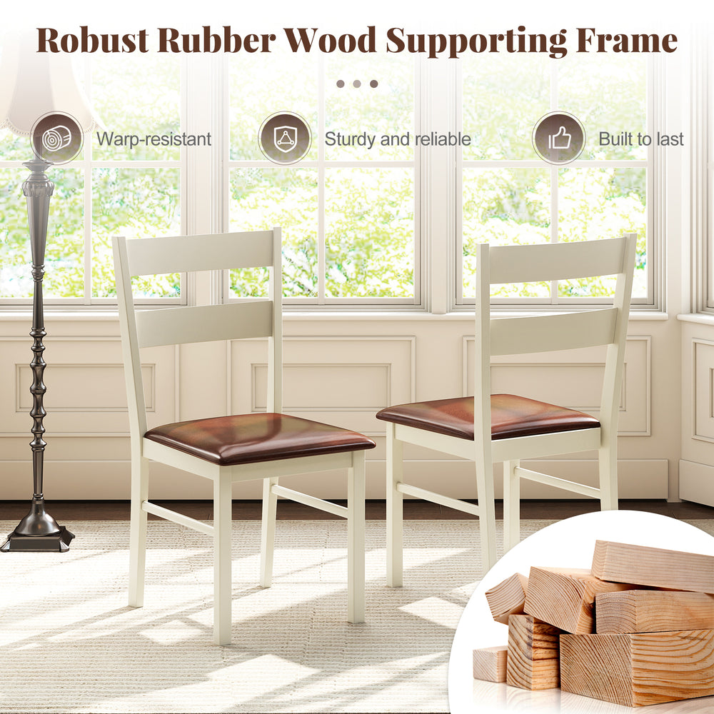 Two wooden dining chairs with PU leather seats, featuring a sturdy rubber wood frame, ideal for stylish dining spaces.