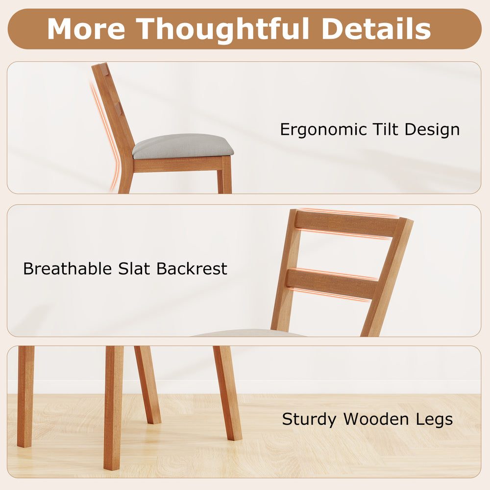 Wooden dining chair with ergonomic tilt design and breathable slat backrest, perfect for farmhouse kitchens.