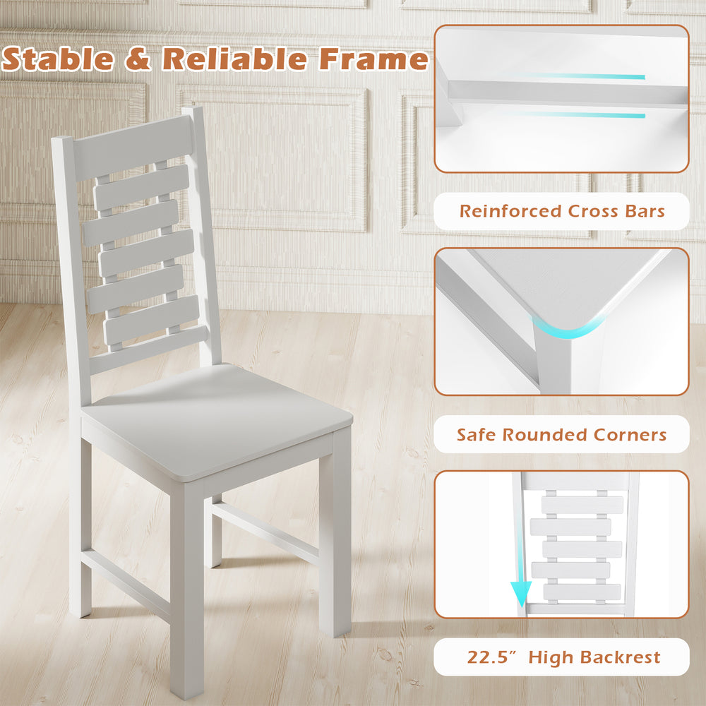 White wooden dining chair with reinforced crossbars and safe rounded corners, perfect for dining rooms and cafes.