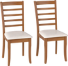 Set of 2 wooden dining chairs with beige upholstered seats and slatted backrest, perfect for modern kitchen or dining.