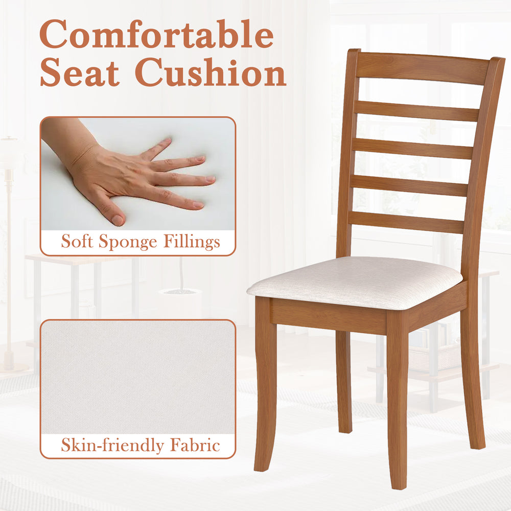 Wooden dining chair with beige upholstered seat, featuring breathable fabric and ergonomic backrest for comfort.