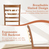 Wooden dining chair with ergonomic tilt backrest and breathable slatted design for cooling comfort in modern kitchens.