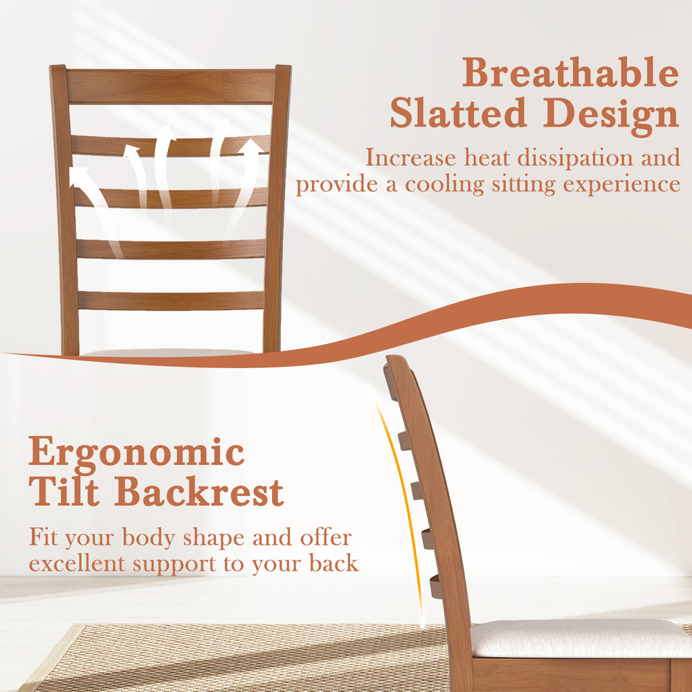 Wooden dining chair with ergonomic tilt backrest and breathable slatted design for cooling comfort in modern kitchens.