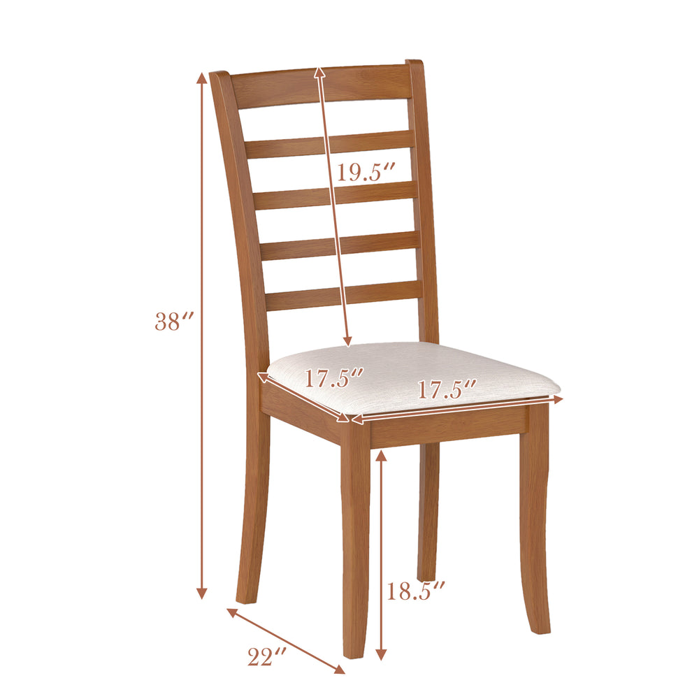 Wooden dining chair with slatted backrest, beige upholstery, and natural rubber wood frame for versatile seating.