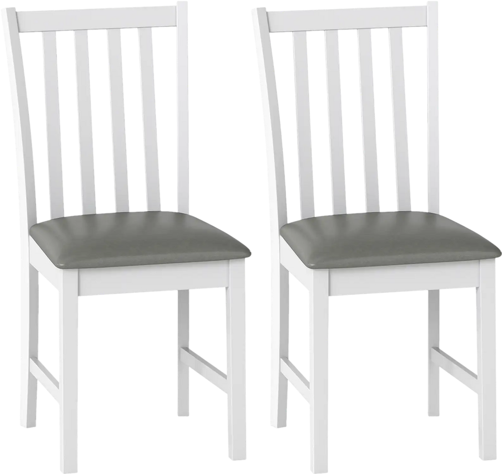 Set of 2 white wooden dining chairs with padded seats and rubber wood frames, perfect for dining rooms and cafes.