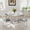 White wooden dining chairs with padded seats, crafted from rubber wood, ideal for dining rooms and cafes.